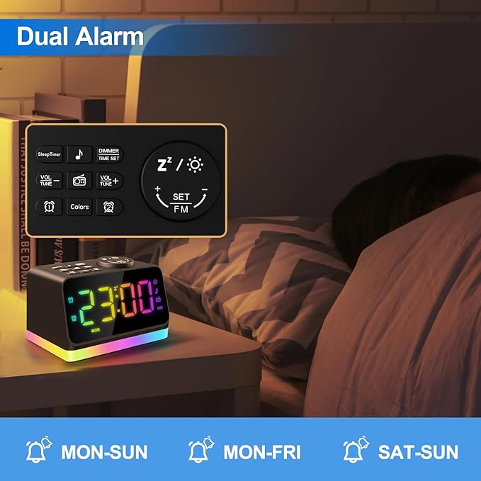 JALL Digital Alarm Clock with FM Radio for Bedroom, 8 Colors Night Light with Charging Port, Sleep Sound Machines with Timer, Dual Alarm (Black with RGB Font)-CubbioJoy