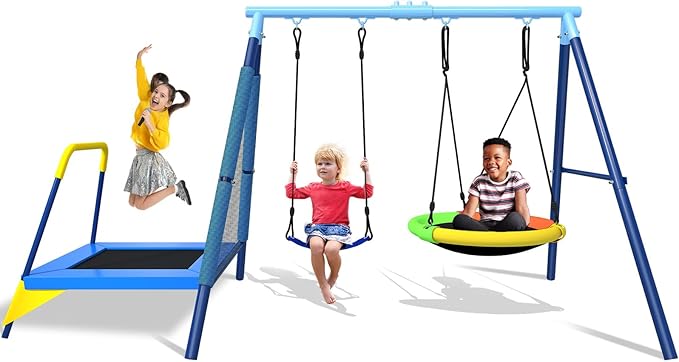 440lbs Kids Swing Set, 3-in-1 Outdoor Playground with Saucer Swing, Belt Seat & 4ft Trampoline, Heavy Duty A-Frame Metal Stand & Safety Stakes, Backyard Playset for Toddlers 3-8 Years Old-CubbioJoy