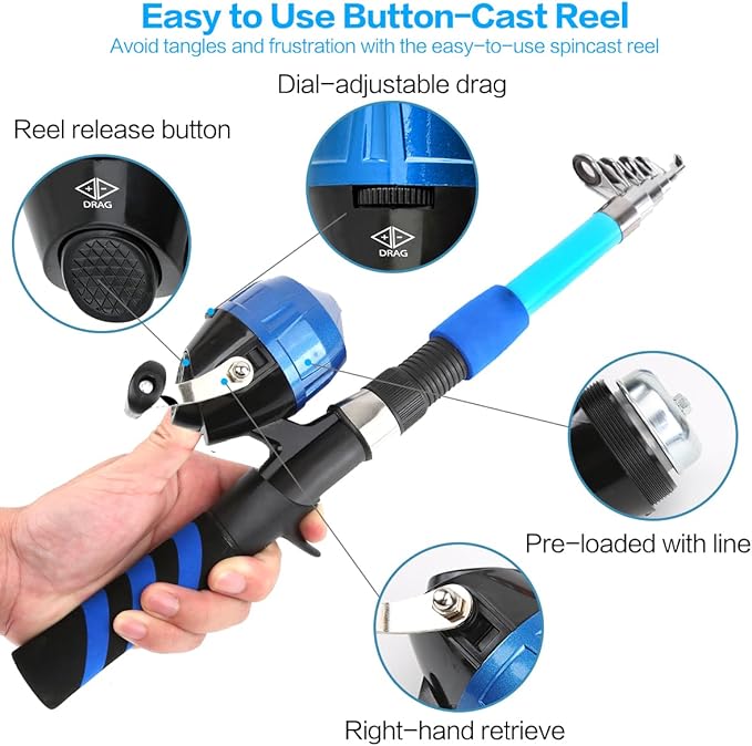Collapsible Telescopic Fishing Rod and Reel Combo Push Button Small Fishing Pole Kit Beginner Youth Boys Fishing Starter Set Tackle-CubbioJoy