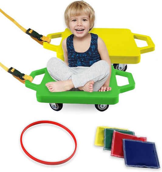 2 Plastic Scooter Boards with Handles for Kids Sitting and Sports Training, with 1 Ring, 2 Ropes and 4 Beanbags, Indoor and Outdoor Play-CubbioJoy