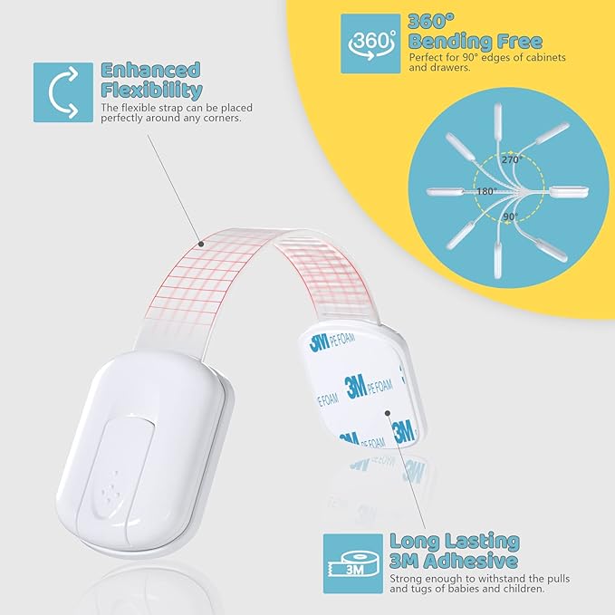 4our Kiddies Child Safety Cabinet Locks for Babies (2 Pack) Child Proof Latches for Cabinets and Drawers Doors, Baby Proofing Cabinet Strap Locks for Cupboards, Fridge, Toilet and Closet-CubbioJoy