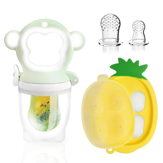 Baby Fruit Food Feeder - Silicone Nibble Tray Combo - Breastmilk Popsicle Mold for Cooling Relief, BPA Free Mesh Feeder for Infant Self Feeding (Monkey Mint + Pineapple)-CubbioJoy