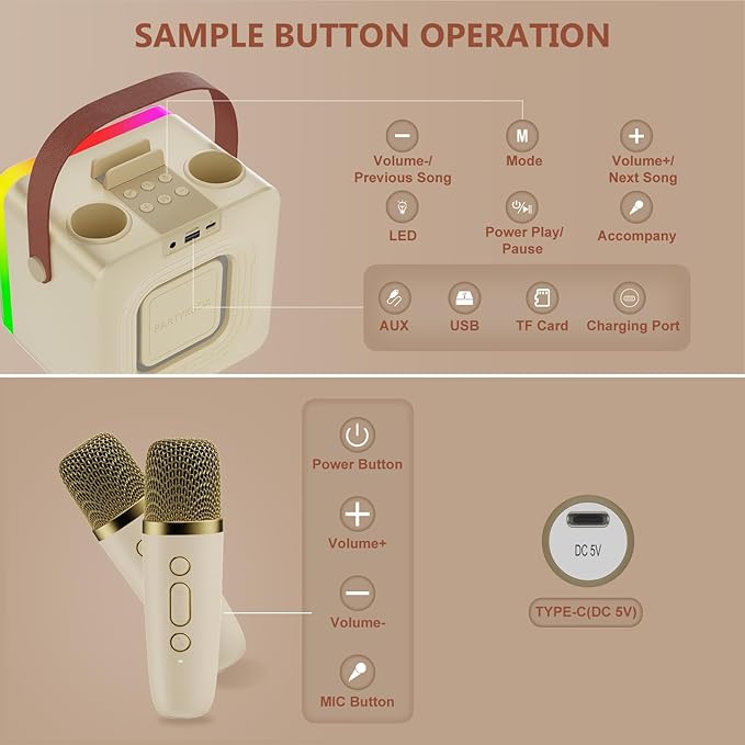 Karaoke Machine for Kids Adults, Portable Bluetooth Karaoke Speaker with 2 Wireless Microphones, Karaoke System with Mics Storage Hole and Lights, Birthday Gifts for Girls Boys Family Home Party-CubbioJoy