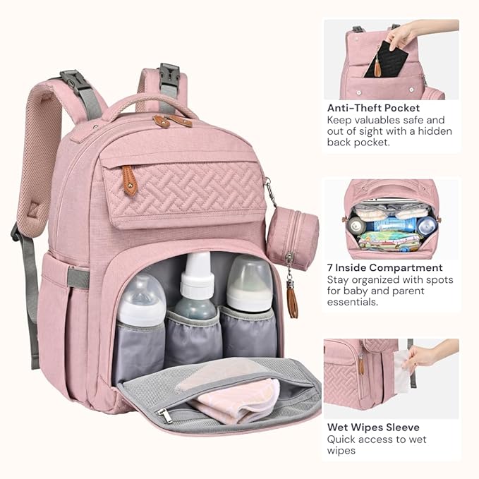 BabbleRoo Diaper Bag Backpack, Travel Backpack with Changing Pad, Pacifier Case & Stroller Straps, Multifunction, Waterproof, Unisex – Pink-CubbioJoy