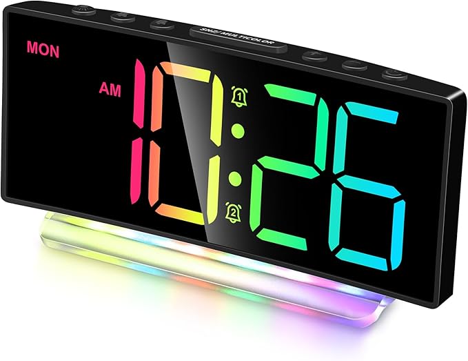 Cadmos Extra Loud Alarm Clock for Heavy Sleepers Adults,Teens,Kids,Rainbow Clock for Bedrooms,Small Bedside Digital Clock with Large Display,7 Color Night Light,12/24h(Black+Dynamic)-CubbioJoy