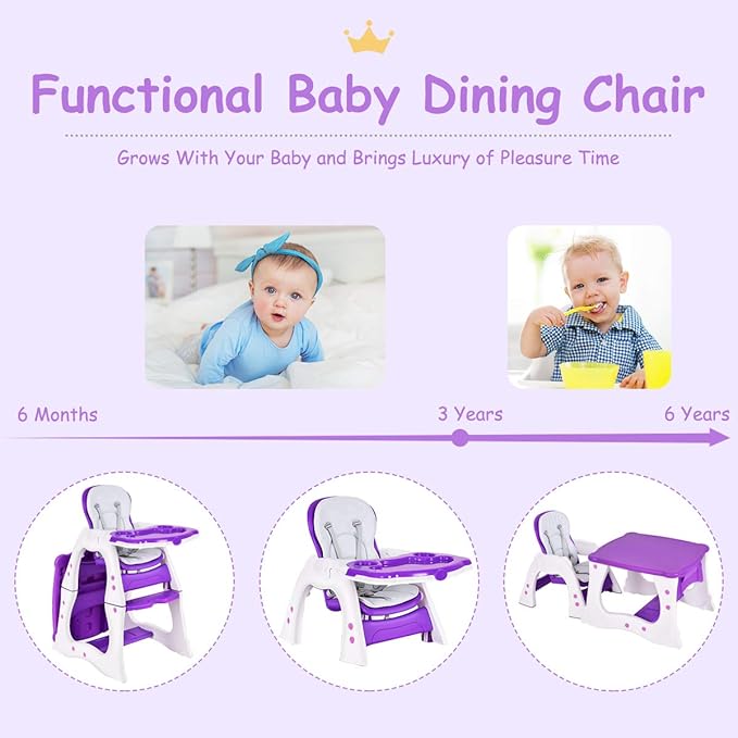 Costzon Baby High Chair, 3 in 1 Infant Table and Chair Set, Convertible Booster Seat with 3-Position Adjustable Feeding Tray, Adjustable Seat Back, 5-Point Harness (Purple)-CubbioJoy