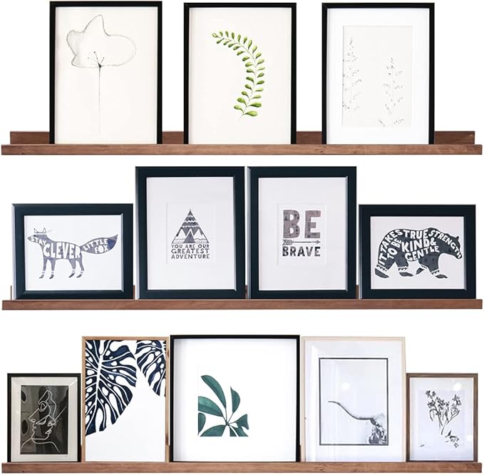 36 Inch Picture Ledge Shelf Rustic Wall Mount Light Walnut Long Narrow Picture Shelves Storage for Books Toys Music Albums Green Plants-Photo Ledge Shelf Set of 3 Mounting Hardware Include-CubbioJoy