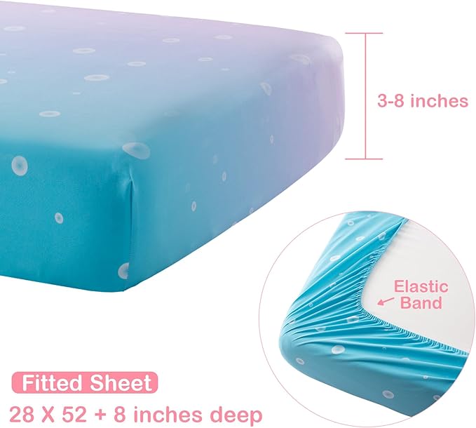 4 Piece Crib Bedding Set for Boys Girls, Infant Toddler Nursery Baby Bedding Sets Includes Cartoon Quilt, Fitted Crib Sheet, Crib Skirt and Plush Mermaid Toy-CubbioJoy