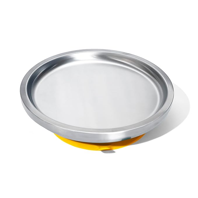 Avanchy Open Baby Plates with Suction – Stainless Steel Divided Plates for Toddlers, BPA-Free, Dishwasher Safe, Unbreakable, Non-Toxic, 100% Silicone Suction – Yellow-CubbioJoy