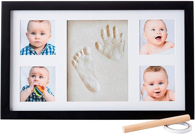 Baby Hand and Footprint Kit - Newborn Keepsake Picture Frame, Inkless Foot & Handprint Clay Mold - Baby Registry, New Mom Baby Shower, Gender Reveal Gift, Personalized Boy or Girl Nursery Photo Prints (Large, Black)-CubbioJoy