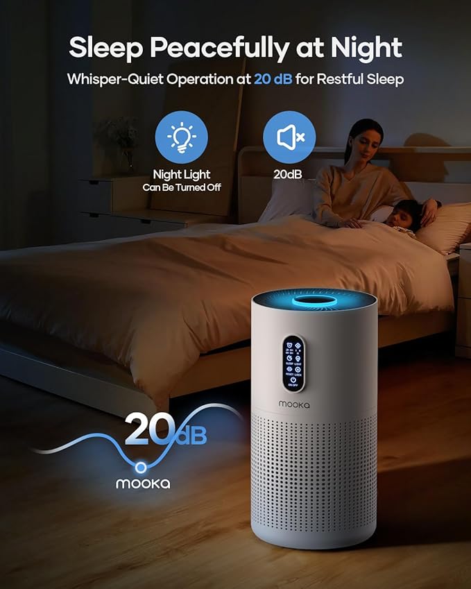Air Purifiers for Home Large Room up to 1500 ft², MOOKA HEPA Air Purifier for Home Pets Hair in Bedroom with Aromatherapy, Air Filter Cleaner for Dorm, Pets, Office, 20dB, Night Light, B-D03, White-CubbioJoy