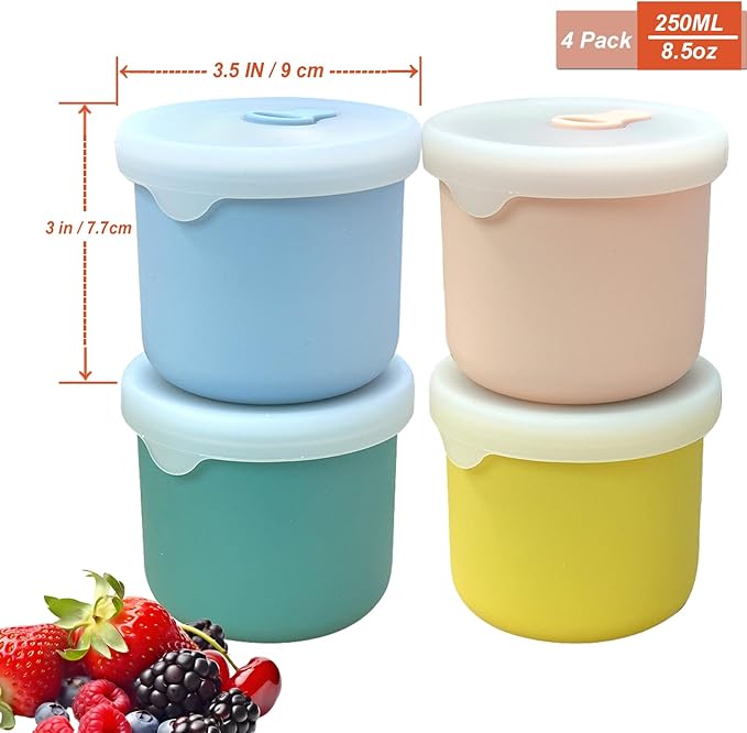 8.5 OZ Silicone Food Storage Containers, Baby Food Storage Jars with Airtight Lids and Snack Cup Lid, Freezer, Microwave and Dishwasher Safe, Reusable Snack Containers for Kids, Infant, Toddler, 4 Pcs-CubbioJoy