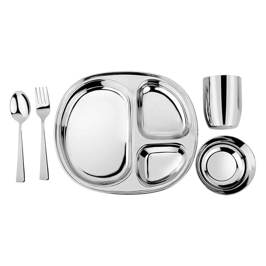 Ahimsa Stainless Steel Kids Dinnerware Set - 5 Piece Toddler Plates and Bowls Set, Pediatrician Designed, Includes Non Toxic Toddler Plate and Bowl, Kids Utensils and Cup (Classic Stainless Steel)-CubbioJoy