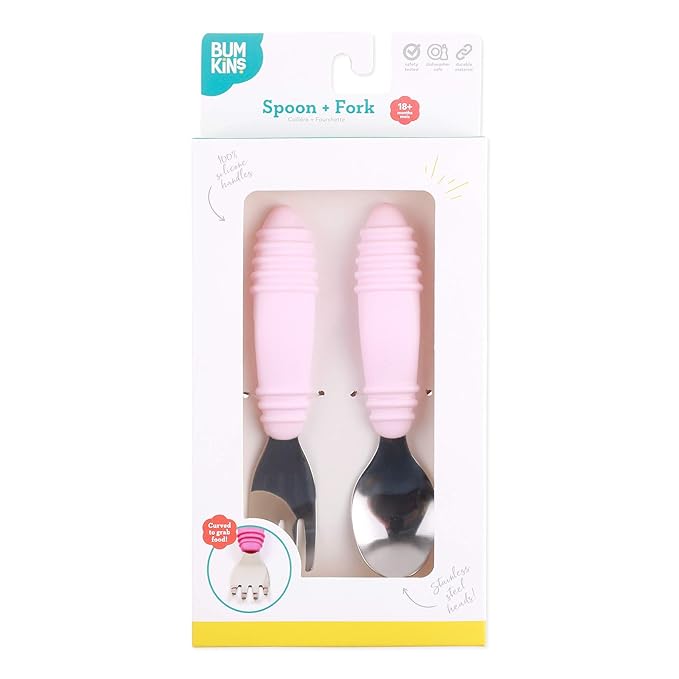 Bumkins Toddler Utensils, Kids Fork and Spoon Set, Silicone and Stainless-Steel Silverware, Angled Forks / Sporks for Self-Feeding, Children Training Flatware Cutlery for 18 Months Up, Pink-CubbioJoy