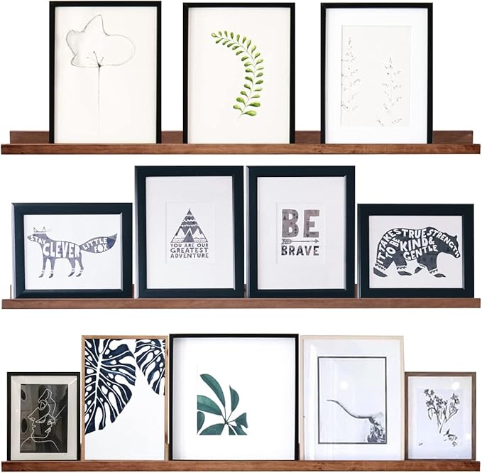 AZSKY Floating Wood Wall Shelves Light Walnut 48 Inch Long Hanging Picture Photo Ledge Shelf Rustic Modern Narrow Shelves for Wall Decor Storage and Display Nursery Book Shelves a Set of 3-CubbioJoy