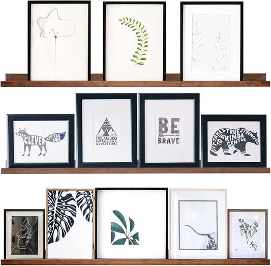 AZSKY Floating Wood Wall Shelves Light Walnut 48 Inch Long Hanging Picture Photo Ledge Shelf Rustic Modern Narrow Shelves for Wall Decor Storage and Display Nursery Book Shelves a Set of 3-CubbioJoy