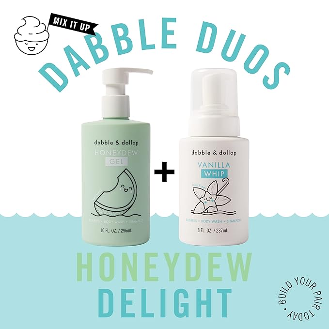 Dabble & Dollop Honeydew Melon + Vanilla Body Wash & Shampoo – 3-in-1 Natural Bubble Bath for Kids, Made in USA, No Parabens or Sulfates, Vegan, Gluten-Free, Tear-Free (2-Pack)-CubbioJoy