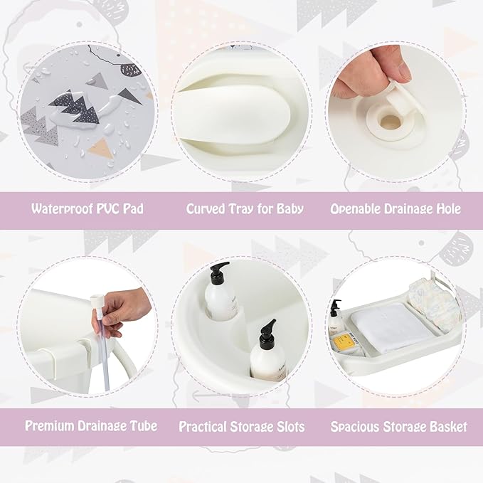 BABY JOY Baby Bathtub with Changing Table, Foldable Infant Diaper Changing Station with Storage Tray, Waterproof Pad, Portable Newborn Nursery Organizer Bath Stand with 4 Universal Wheels (White)-CubbioJoy