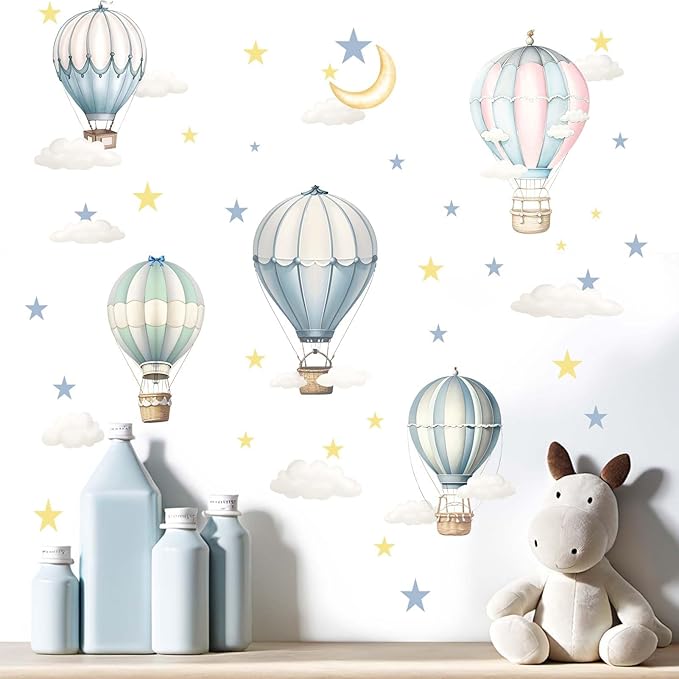 Balloon Wall Decals for Kids Room: Peel and Stick Hot Air Balloon Stars Cloud Wall Stickers - Baby Nursery Boys Room Girls Bedroom - Children Supplies Ages 1-12 Years Wall Decor Art-CubbioJoy
