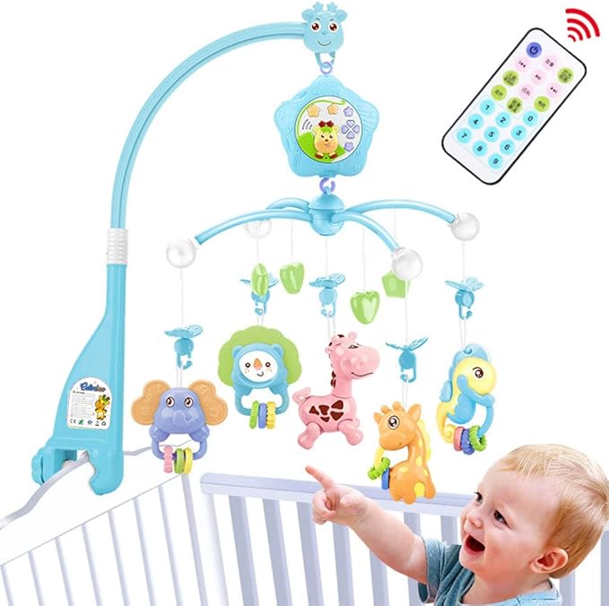 Baby Mobile for Crib with Musicial and Lights, Remote, lamp, Projector for Pack and Play, for Ages 0+ Months (Blue-Forest)-CubbioJoy
