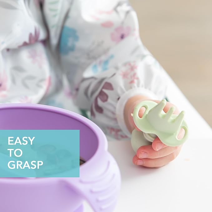 Bumkins Baby Utensils Set, Chewtensils Silicone Spoons for Dipping, Self-Feeding, Baby Led Weaning, Trainer Learning, First Stage Eating, Soft Practice Fork and Spoon, Babies 6 Months, Sage Green-CubbioJoy