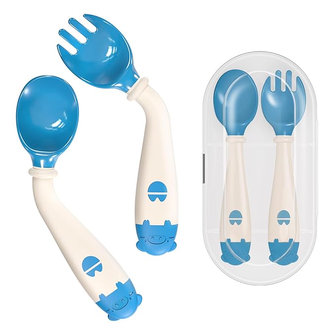 Deejoy Toddler Utensils, Self-feeding Flatware Set withTravel Case, Baby Spoons and Forks with Silicone Bendable Handle, Easy Grip Heat-Resistant, Ideal for Kids, Stage 2 (Blue)-CubbioJoy