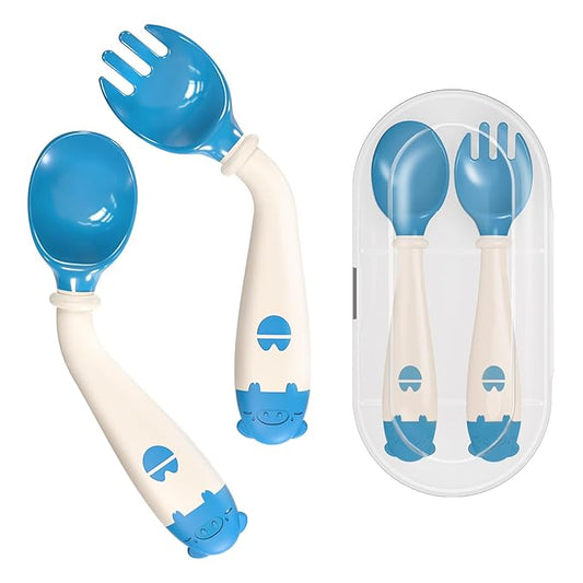 Deejoy Toddler Utensils, Self-feeding Flatware Set withTravel Case, Baby Spoons and Forks with Silicone Bendable Handle, Easy Grip Heat-Resistant, Ideal for Kids, Stage 2 (Blue)-CubbioJoy