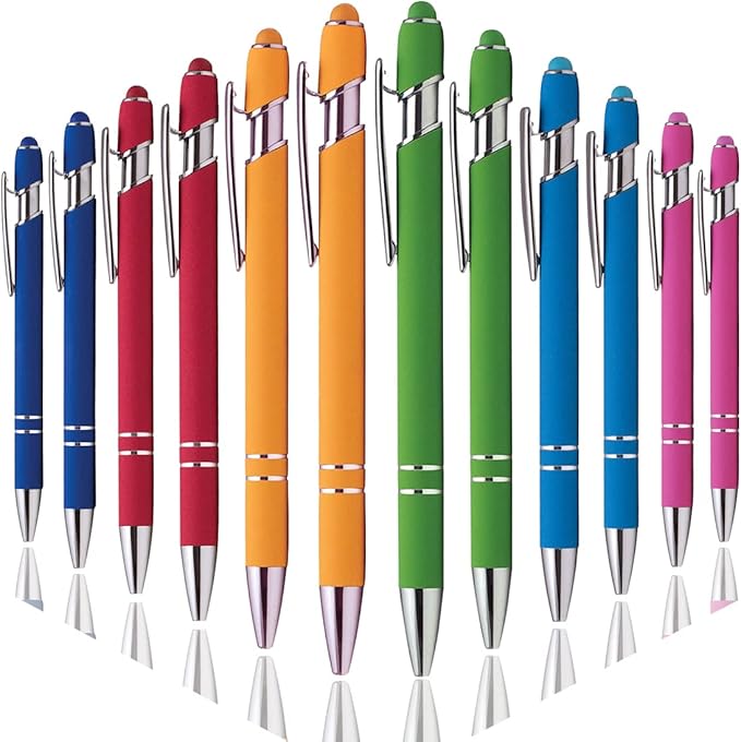 Ballpoint Pen with Stylus Tip, Soft Touch Click Metal Pen, 1.0mm Medium Point, Black Ink, 12 Count(6 Colors)-CubbioJoy