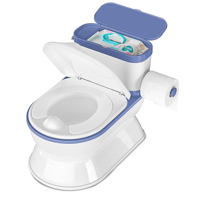 2-in-1 Toddler Potty Training Toilet - Larger Potty Chair & Detachable Training Seat for Boys & Girls Ages 1-3 with Flushing Sound, Wipes Storage, Toilet Paper Holder - Blue-CubbioJoy