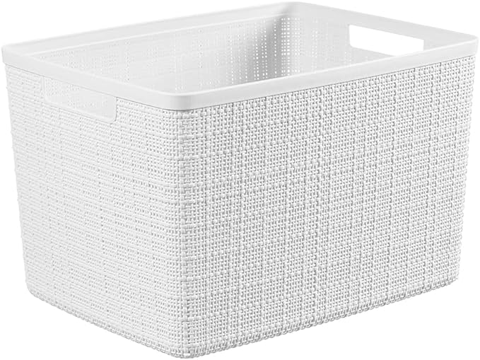 Curver Set of 4 Jute Large Decorative Plastic Organization and Storage Baskets, Perfect Bins for Home Office, Closet Shelves, Kitchen Pantry and All Bedroom Essentials, White-CubbioJoy