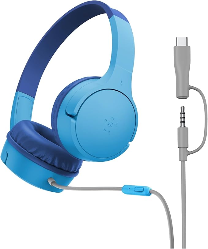 Belkin SoundForm Mini Kids Wired Headphones w/USB C to 3.5mm Dongle, Built-in Mic & Fun Stickers, 85dB Max Volume – for Online Learning, Travel, Compatible w/iPhone 16, iPad, Galaxy S25, etc - Blue-CubbioJoy