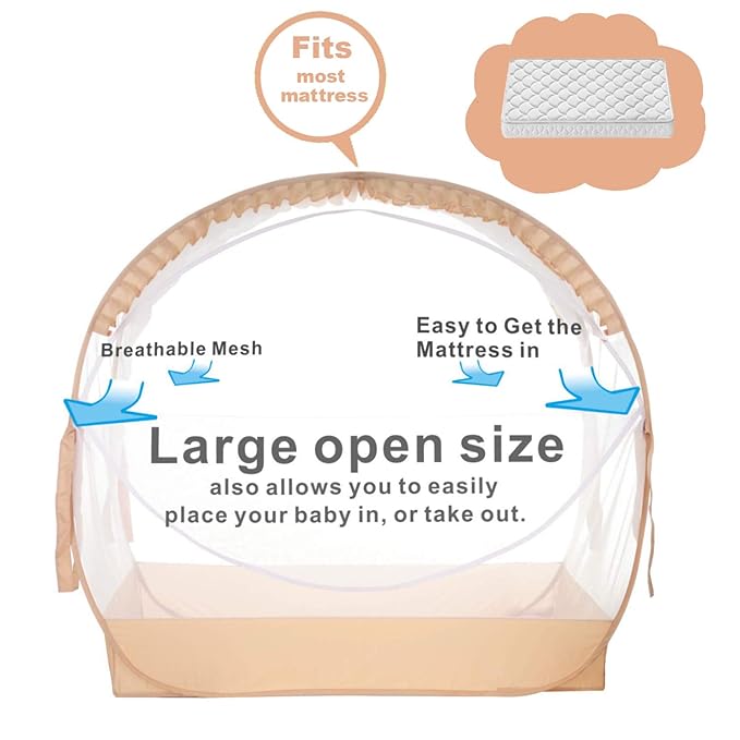 Baby Safety Crib Tent Infant Pop up Mosquito Net Nursery Bed Canopy Netting Cover - Keep Baby from Climbing Out with Hanging Diaper Storage Bag (Beige)-CubbioJoy