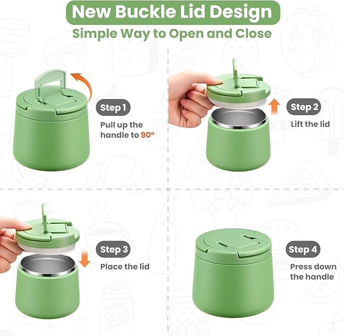 14oz Insulated Vacuum Food Jar with Buckle Lid,Soup Thermo for Hot Food Kids,Wide Mouth Leakproof Stainless Steel Lunch Container with Spoon-Green-CubbioJoy