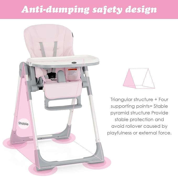 INFANS High Chair for Babies & Toddlers, Foldable Highchair with Multiple Adjustable Backrest, Footrest and Seat Height, Removable Tray, Detachable PU Leather Cushion, Built-in Rear Wheels (Pink)-CubbioJoy