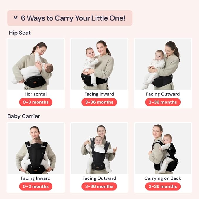 BabbleRoo Grow Carrier – Safety-Certified 6-in-1 Baby Carrier with Hip Seat, Ergonomic & Adjustable Toddler Carrier 7-50 lbs with Hip Support, Hood for Sun Protection, Newborn to Toddler, Black-CubbioJoy