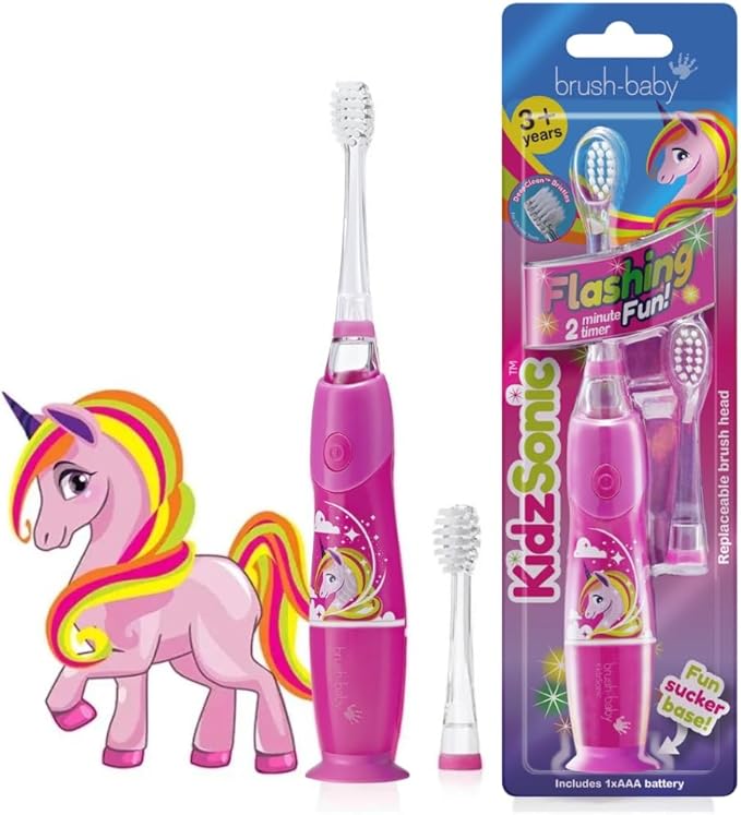 Brush-Baby - KidzSonic Unicorn Kids Electric Toothbrush, Ages 3+ Years - DeepClean Bristles, Suction Base - Fun Design with Flashing Lights - 2 x Replacement Heads & 1 x AAA Battery-CubbioJoy