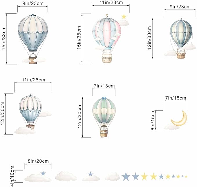 Balloon Wall Decals for Kids Room: Peel and Stick Hot Air Balloon Stars Cloud Wall Stickers - Baby Nursery Boys Room Girls Bedroom - Children Supplies Ages 1-12 Years Wall Decor Art-CubbioJoy