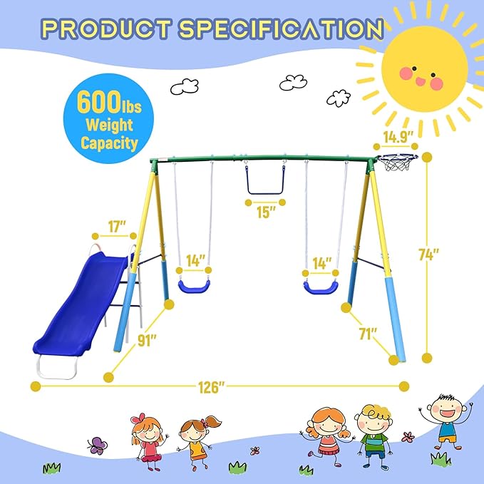 5-in-1 Swing Sets for Backyard for Kids 3-8, Tree Swings for Kids Outdoor with Slide, Basketball Hoop, Two Swing Seats and Gymnastics Rings-CubbioJoy