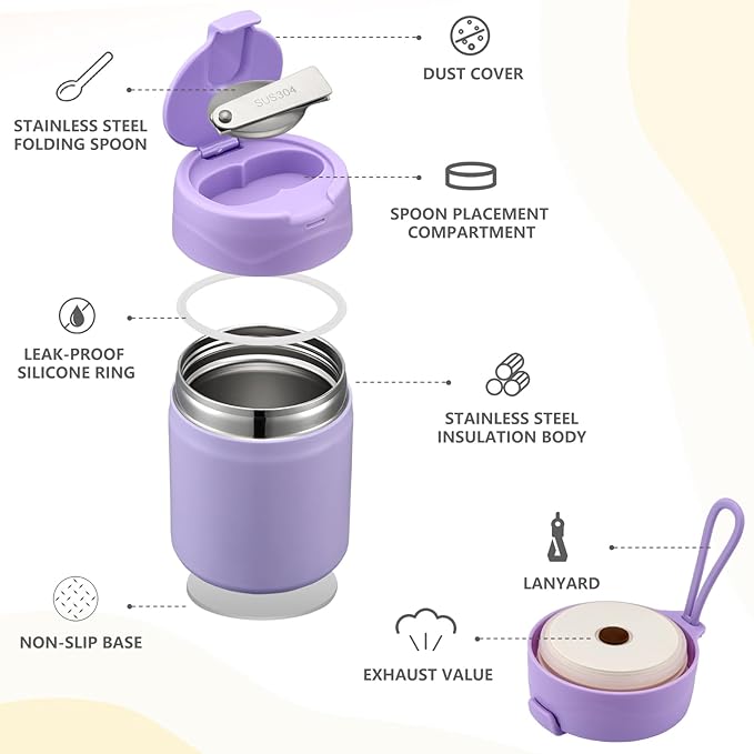 17oz Soup Thermo for Hot Food Kids Insulated Vacuum Food Jar with Stainless Steel Spoon Wide Mouth Thermo Leakproof Lunch Food Container Kids Hot Lunch Box (Purple)-CubbioJoy