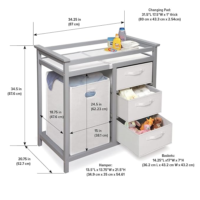 Badger Basket Modern Baby Changing Table - Nursery Furniture with Laundry Hamper and 3 Storage Drawers - Diaper Changing Station with Safety Belt, Changing Pad, Organizer Baskets - Cool Gray and White-CubbioJoy