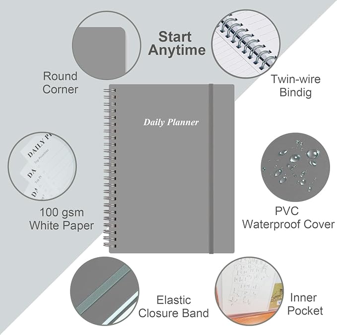 Daily Planner Undated - B5 To Do List Notebook Hourly Schedules, Spiral Appointment Planner for Women and Men, PVC Hardcover, Inner Pocket, Elastic Closure, 7" x 10", Grey-CubbioJoy