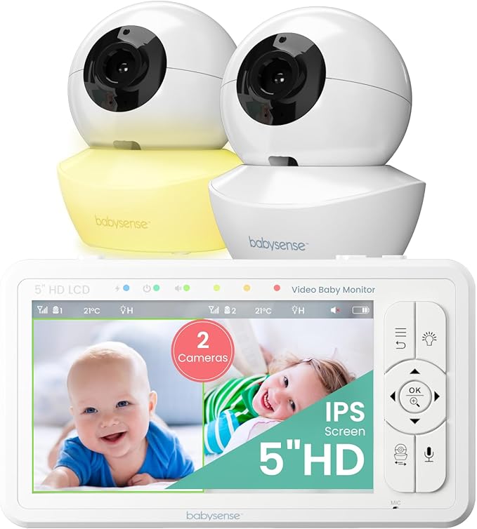 Babysense 5" HD Split-Screen Baby Monitor, Video Baby Monitor with 2 Cameras and Audio, Night Light, 1000ft Range, Two-Way Audio, 4X Zoom, Night Vision, 4000mAh Battery-CubbioJoy