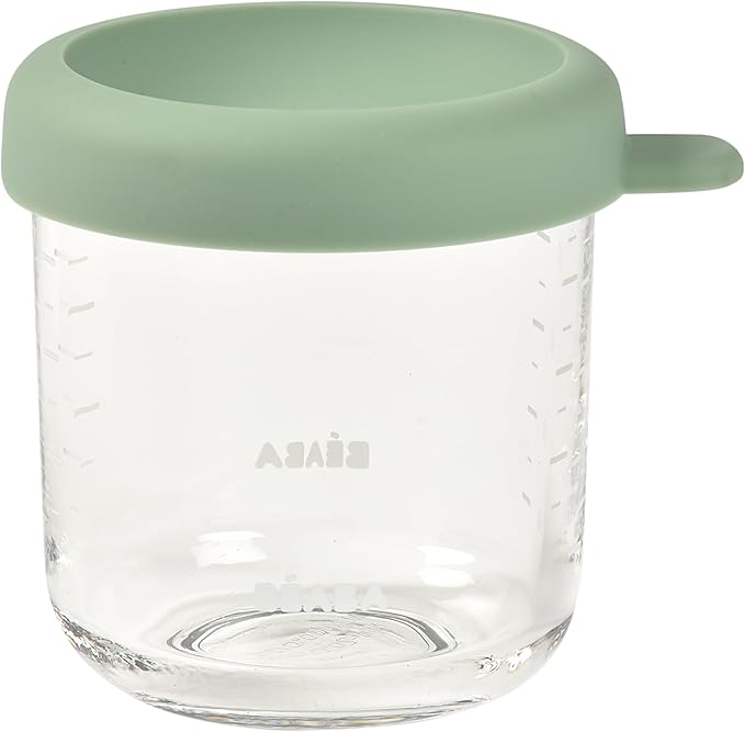 BEABA 8 oz Glass Baby Food Jars with Soft Silicone Air Tight Lids, Glass Storage Containers with Lids, Microwave and Freezer Safe Containers, Sage-CubbioJoy