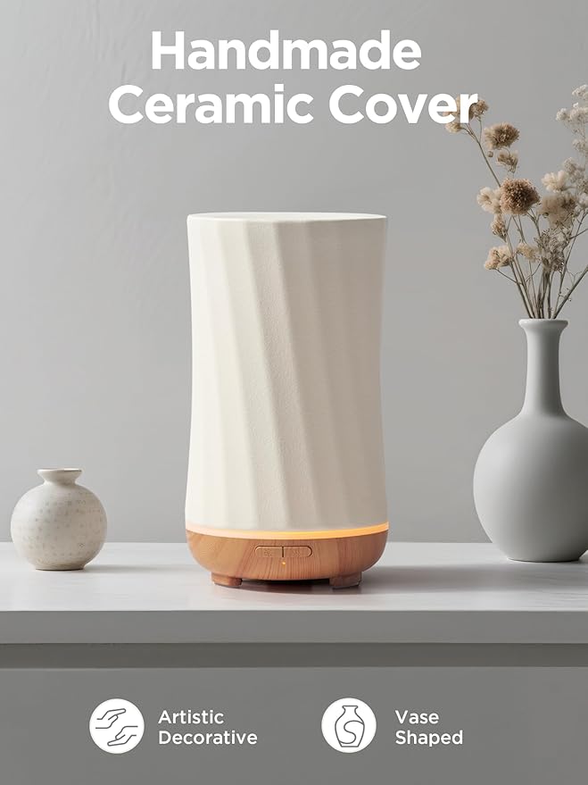 InnoGear 150ml Ceramic Oil Diffuser, Handcrafted Stone Essential Oil Diffuser Aromatherapy Diffusers Ultrasonic Cool Mist Humidifier Vaporizor with 2 Mist Modes Waterless Auto Off for Room Office Home-CubbioJoy