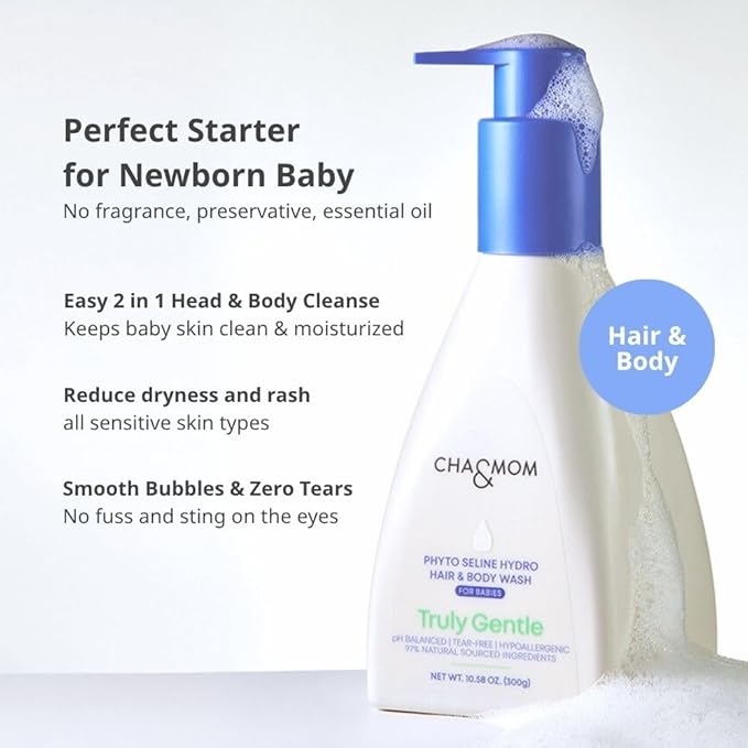 Cha&Mom Head-to-toe Korean Baby Skincare - Hypoallergenic, Plant Based, and Natural Hair & Body Wash, 10.58oz-CubbioJoy