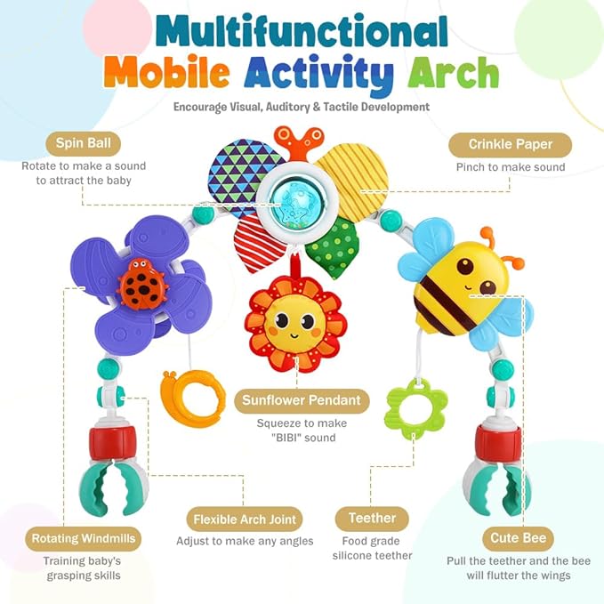 Baby Stroller Arch Toys,Adjustable Crib Mobile for Bassinet with Sensory Play Accessories and Hanging Toys,Baby Travel Car Seat Toys for Toddler Boy Girl 0 3 6 9 12 24 Months-CubbioJoy