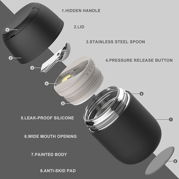 17 oz Insulated Lunch Containers, Black, Vacuum Stainless Steel Thermo Lunch Box with Handle and Folding Spoon for School, Office, Travel-CubbioJoy