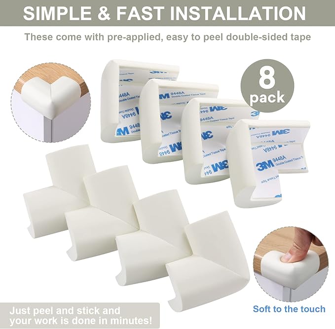 8 Pack Soft Sponge Table Corners, Corner Protector Baby, Baby Proofing Corner Guards, Pre-Taped Furniture Corner Protectors, Child Safety Furniture Bumper, Corner Protectors for furniturey, Black-CubbioJoy