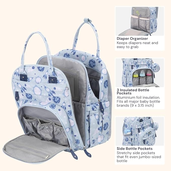 BabbleRoo Diaper Bag Backpack - Baby Essentials Travel Tote - Multi Function Water Resistant Diaper Bag, Travel Essentials Baby Bag with Changing Pad, Stroller Straps & Pacifier Case - Unisex, Cosmic-CubbioJoy