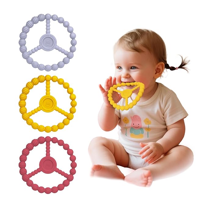 3 Pack Baby Teething Toys 3-6 Months, Silicone Ring Teethers for Babies 6-12 Months, Freezer Safe Chew Toy with Textured Grip for Boys Girls Teething Relief, Infant Easter Gift (Lavender Yellow Red)-CubbioJoy